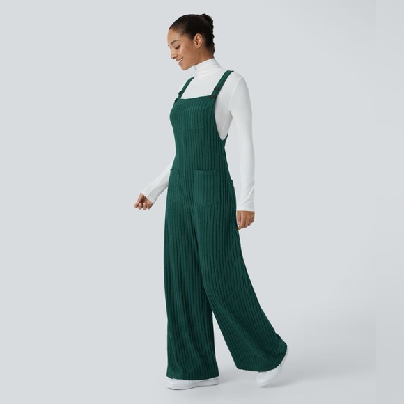 HALARA Ribbed Knit Pockets Overalls Casual Green Jumper Women's Size Small - Picture 3 of 8
